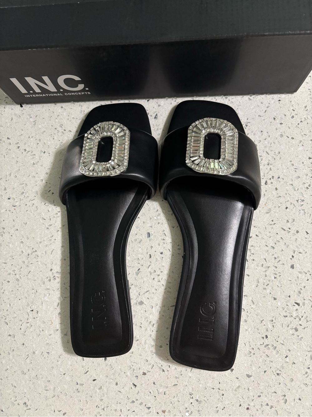 INC International Concepts Black Slide Sandals with Crystal Embellishment